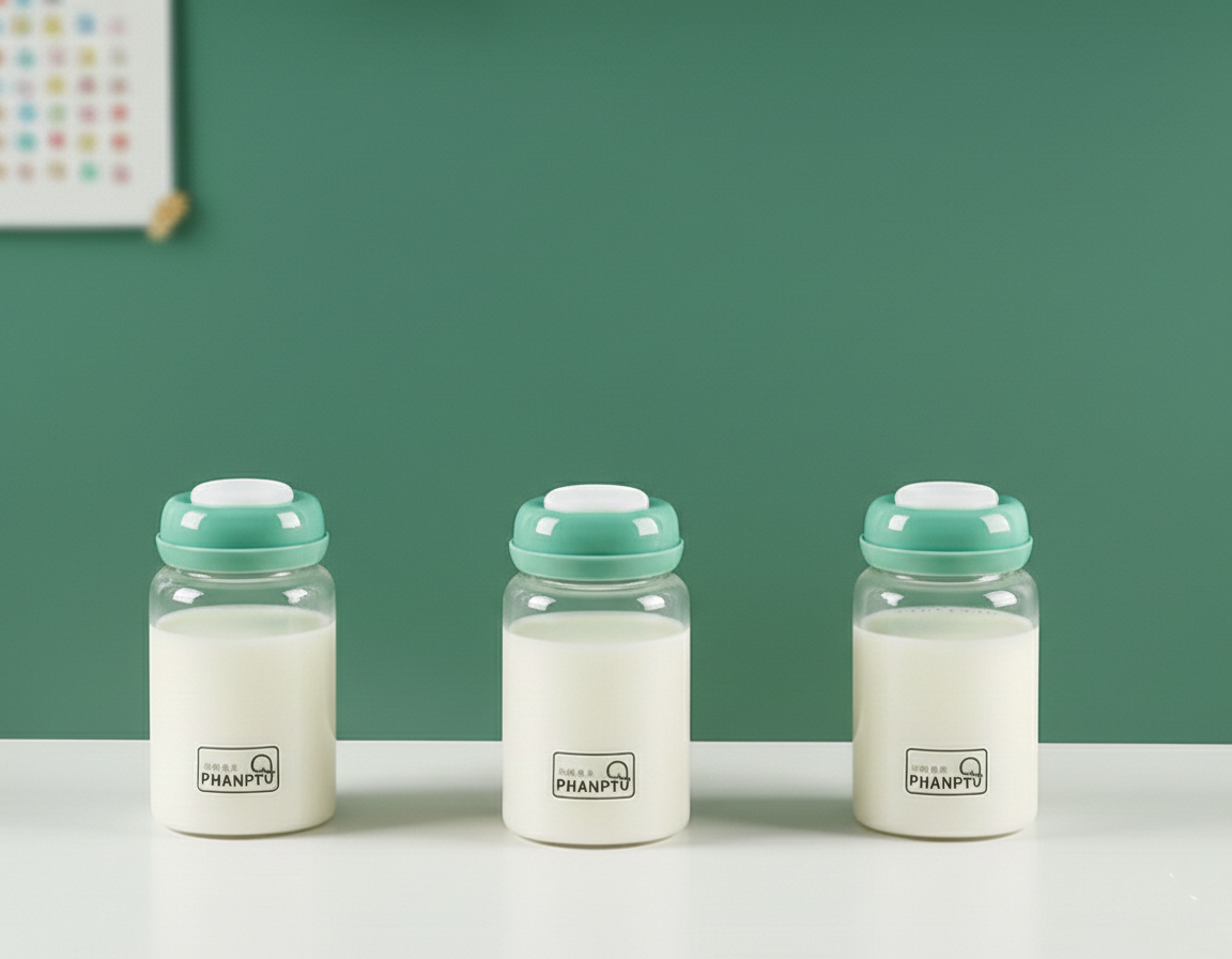 Breastmilk glass storage bottles.