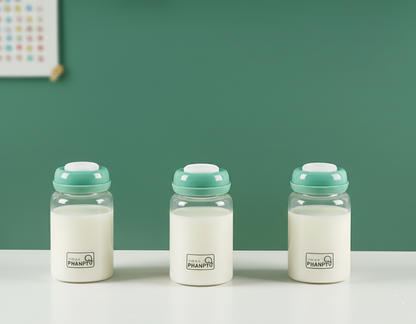 Breastmilk glass storage bottles.
