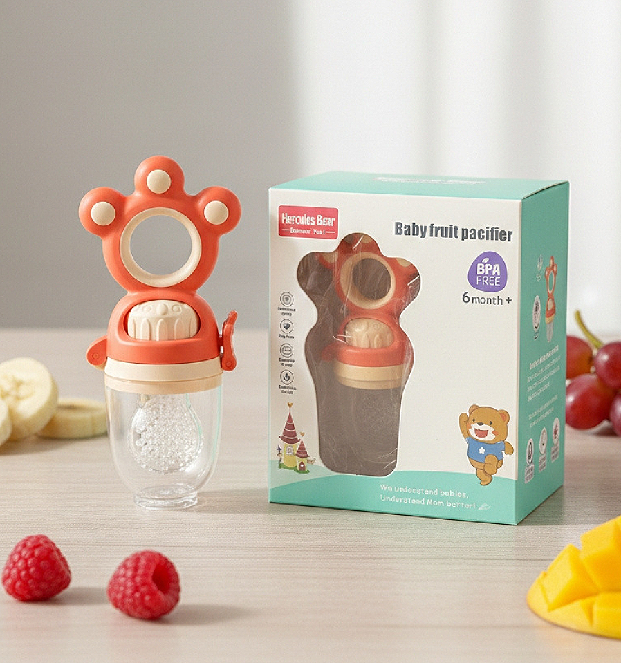 Silicon fruit pacifier with 2 extra nipples and box