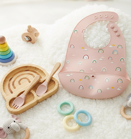 Baby wooden baby Feeding plate and spoon set.