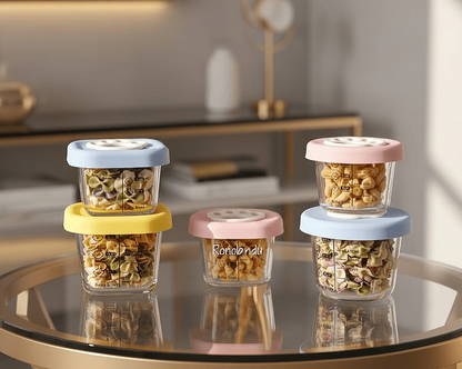 Baby glass and silicon food containers.